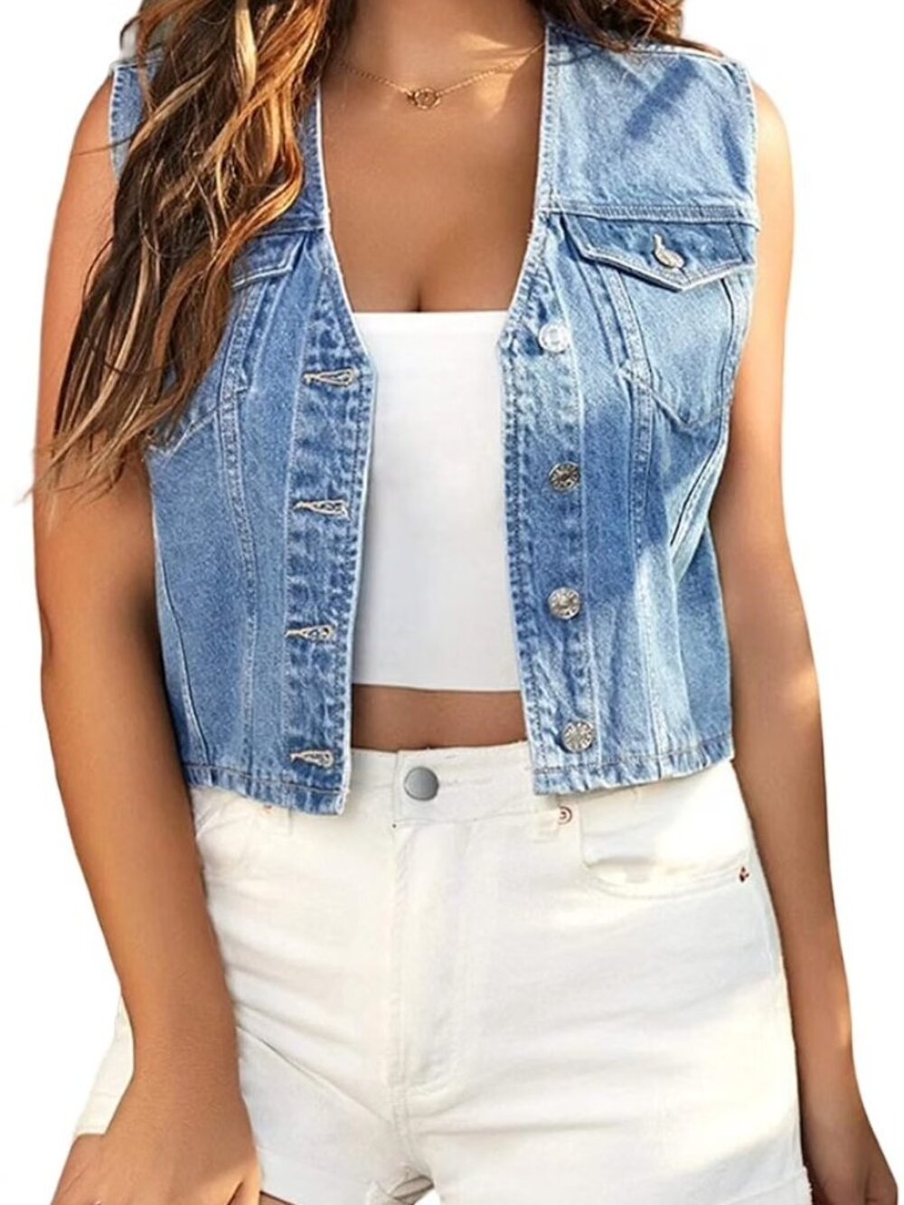 LifeShe Cropped Denim Vest Top Casual V Neck Button Down Sleeveless, Medium